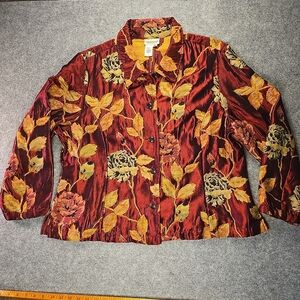 Coldwater Creek Red Satin Retro Floral Print Jacket wVelvet Lining Details XL